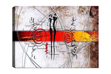 Lerretsbilde 70x100 cm - Abstrakt kunst med to stiliserte figurer som står tett inntil hverandre, omgitt av spiraler og linjer - Rød / Svart / Oransje - Interiør - Maleri & posters - Lerretsbilder