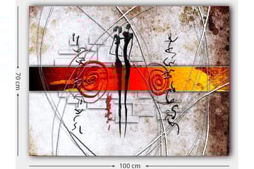 Lerretsbilde 70x100 cm - Abstrakt kunst med to stiliserte figurer som står tett inntil hverandre, omgitt av spiraler og linjer - Rød / Svart / Oransje - Interiør - Maleri & posters - Lerretsbilder