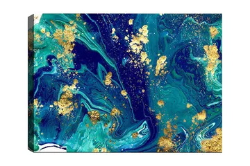 Lerretsbilde 70x100 cm - Abstrakt kunst med virvlende blå og grønne mønstre og innslag av gull - Mørk blå / Turkis / Gull - Interiør - Maleri & posters - Lerretsbilder