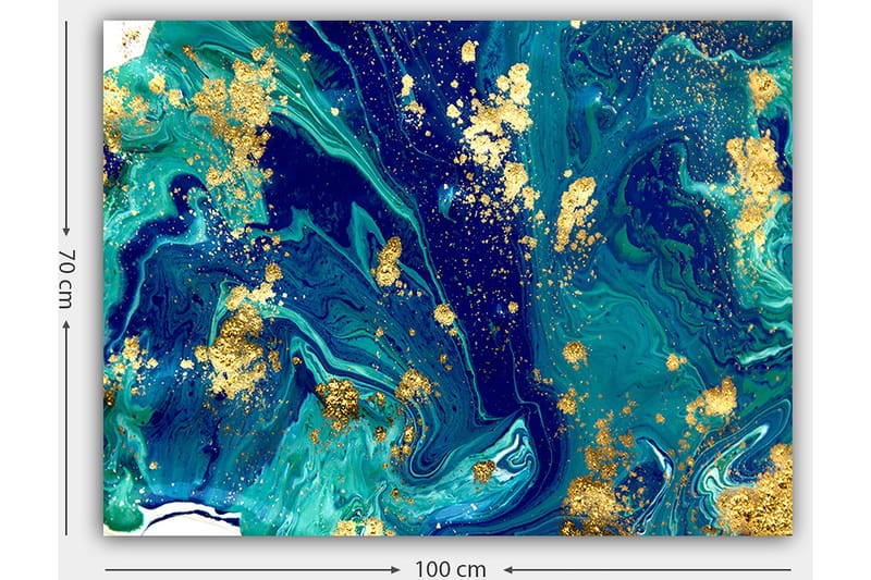 Lerretsbilde 70x100 cm - Abstrakt kunst med virvlende blå og grønne mønstre og innslag av gull - Mørk blå / Turkis / Gull - Interiør - Maleri & posters - Lerretsbilder