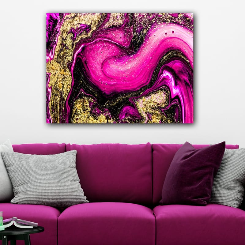 Lerretsbilde 70x100 cm - Abstrakt kunst med virvlende rosa og gullmønstre - Rosa / Gull / Svart - Interiør - Maleri & posters - Lerretsbilder