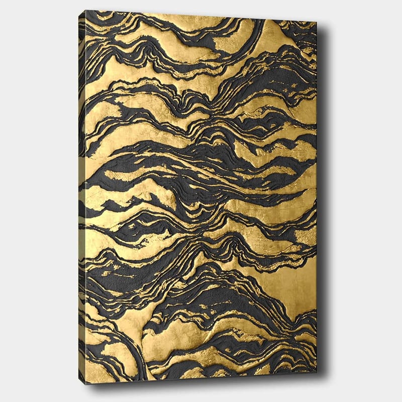 Lerretsbilde 70x100 cm - Abstrakt kunstverk med bølgete mønstre i gull og svart - Gull / Svart - Interiør - Maleri & posters - Lerretsbilder