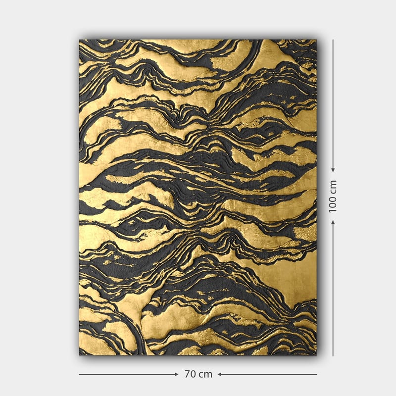 Lerretsbilde 70x100 cm - Abstrakt kunstverk med bølgete mønstre i gull og svart - Gull / Svart - Interiør - Maleri & posters - Lerretsbilder