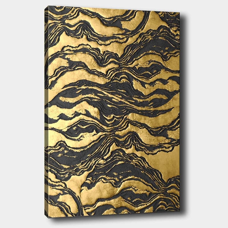 Lerretsbilde 70x100 cm - Abstrakt kunstverk med bølgete mønstre i gull og svart - Gull / Svart - Interiør - Maleri & posters - Lerretsbilder