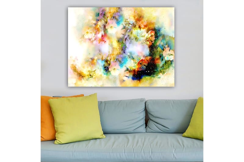 Lerretsbilde 70x100 cm - Abstrakt kunstverk med fargeeksplosjoner som skaper en drømmeaktig atmosfære - Blå / Gul / Rosa - Interiør - Maleri & posters - Lerretsbilder