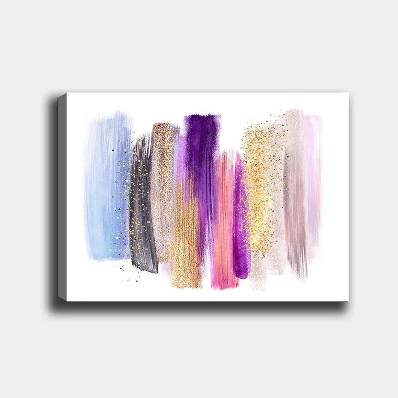 Lerretsbilde 70x100 cm - Abstrakt kunstverk med fargerike penselstrøk i forskjellige nyanser, Lilla / Blå / Gull
