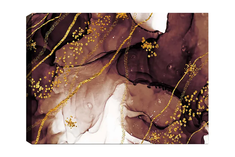 Lerretsbilde 70x100 cm - Abstrakt kunstverk med flytende former og gulldetaljer, Mørk brun / Gull / Beige