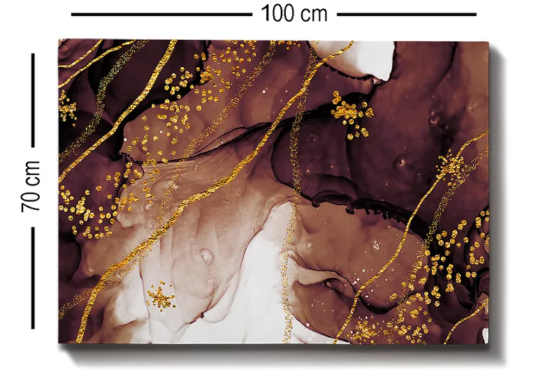 Lerretsbilde 70x100 cm - Abstrakt kunstverk med flytende former og gulldetaljer - Mørk brun / Gull / Beige - Interiør - Maleri & posters - Lerretsbilder