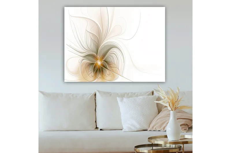 Lerretsbilde 70x100 cm - Abstrakt kunstverk med flytende linjer og former som skaper en følelse av bevegelse og lys - Lys beige / Gull / Grå - Interiør - Maleri & posters - Lerretsbilder