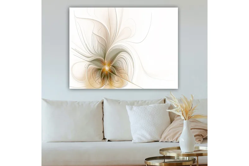 Lerretsbilde 70x100 cm - Abstrakt kunstverk med flytende linjer og former som skaper en følelse av bevegelse og lys - Lys beige / Gull / Grå - Interiør - Maleri & posters - Lerretsbilder