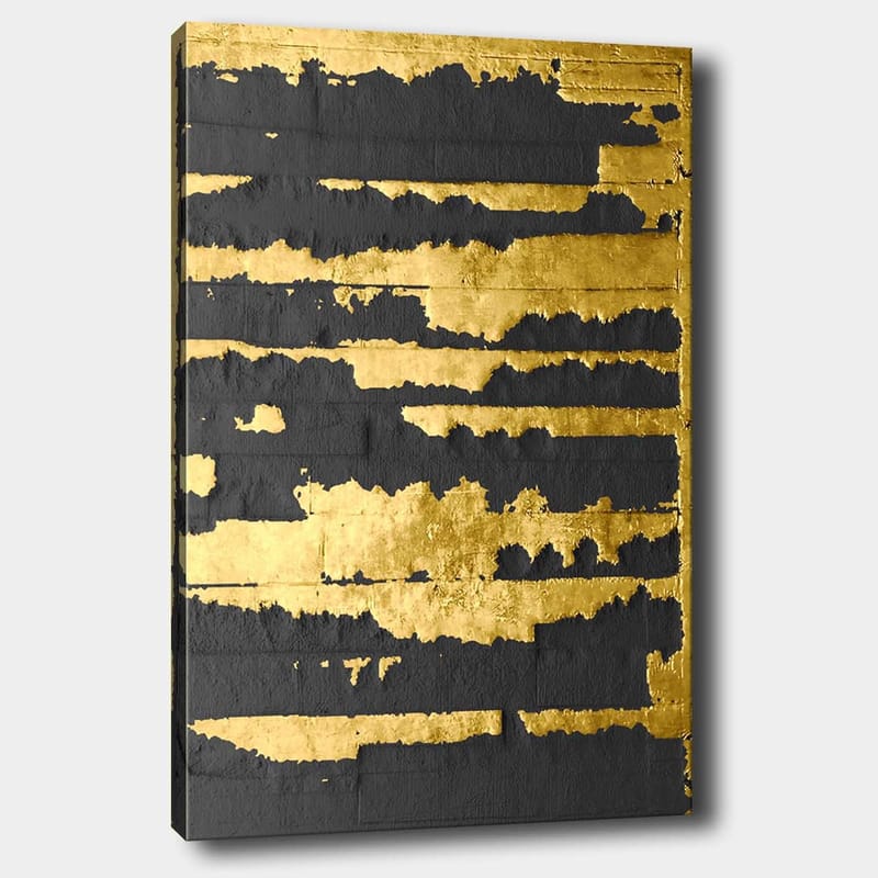 Lerretsbilde 70x100 cm - Abstrakt kunstverk med gull- og svartfargede linjer som skaper en dynamisk og moderne komposisjon, Gull / Svart