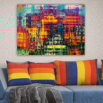 Lerretsbilde 70x100 cm - Abstrakt kunstverk med livlige farger og dynamiske mønstre - Turkis / Oransje / Mørk blå - Interiør - Maleri & posters - Lerretsbilder