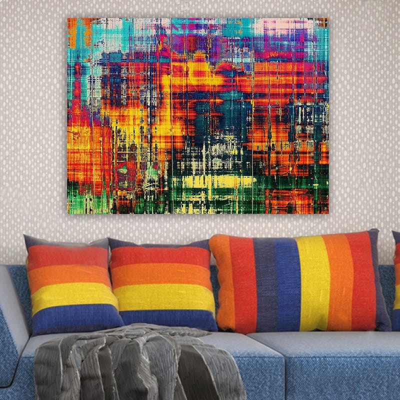 Lerretsbilde 70x100 cm - Abstrakt kunstverk med livlige farger og dynamiske mønstre - Turkis / Oransje / Mørk blå - Interiør - Maleri & posters - Lerretsbilder