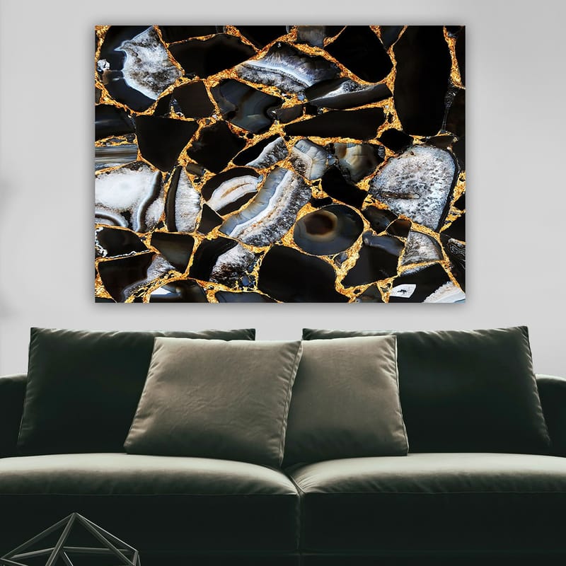 Lerretsbilde 70x100 cm - Abstrakt kunstverk med mønster av svarte og grå steiner med gylne elementer - Svart / Grå / Gull - Interiør - Maleri & posters - Lerretsbilder