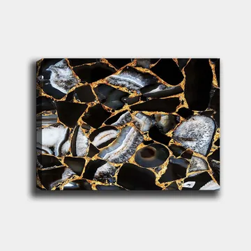 Lerretsbilde 70x100 cm - Abstrakt kunstverk med mønster av svarte og grå steiner med gylne elementer - Svart / Grå / Gull - Interiør - Maleri & posters - Lerretsbilder