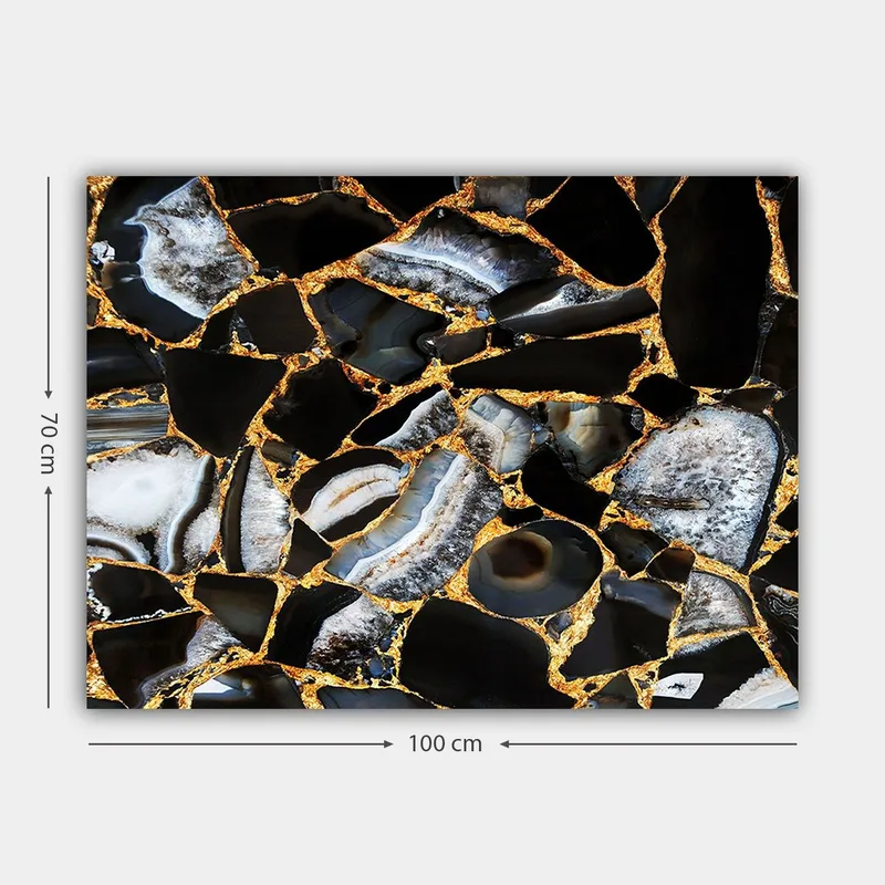 Lerretsbilde 70x100 cm - Abstrakt kunstverk med mønster av svarte og grå steiner med gylne elementer - Svart / Grå / Gull - Interiør - Maleri & posters - Lerretsbilder