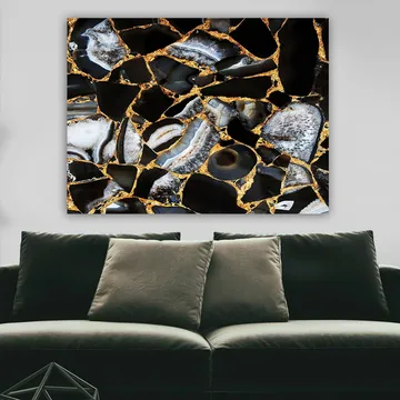 Lerretsbilde 70x100 cm - Abstrakt kunstverk med mønster av svarte og grå steiner med gylne elementer - Svart / Grå / Gull - Interiør - Maleri & posters - Lerretsbilder