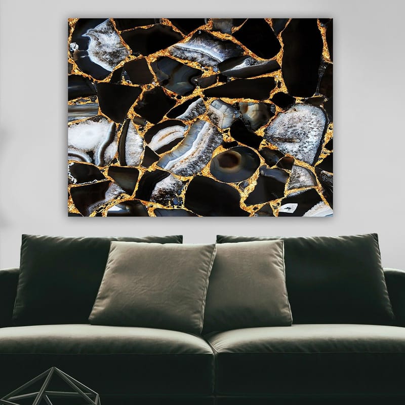 Lerretsbilde 70x100 cm - Abstrakt kunstverk med mønster av svarte og grå steiner med gylne elementer - Svart / Grå / Gull - Interiør - Maleri & posters - Lerretsbilder