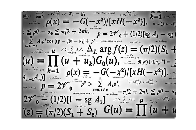 Lerretsbilde 70x100 cm - Abstrakt kunstverk med matematiske formler og symboler i svart-hvitt, Svart / Hvit
