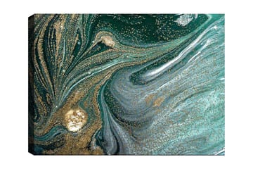 Lerretsbilde 70x100 cm - Abstrakt kunstverk med svarte og gullmønstre som skaper en følelse av bevegelse og dybde - Mørkegrønn / Gull / Lyseblå - Interiør - Maleri & posters - Lerretsbilder