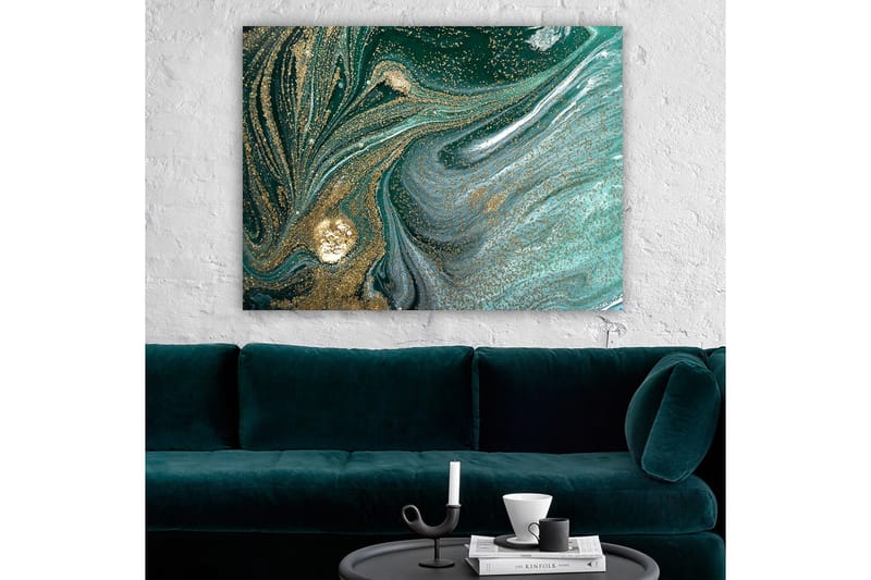 Lerretsbilde 70x100 cm - Abstrakt kunstverk med svarte og gullmønstre som skaper en følelse av bevegelse og dybde - Mørkegrønn / Gull / Lyseblå - Interiør - Maleri & posters - Lerretsbilder