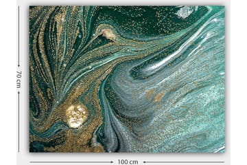 Lerretsbilde 70x100 cm - Abstrakt kunstverk med svarte og gullmønstre som skaper en følelse av bevegelse og dybde - Mørkegrønn / Gull / Lyseblå - Interiør - Maleri & posters - Lerretsbilder