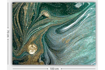 Lerretsbilde 70x100 cm - Abstrakt kunstverk med svarte og gullmønstre som skaper en følelse av bevegelse og dybde - Mørkegrønn / Gull / Lyseblå - Interiør - Maleri & posters - Lerretsbilder