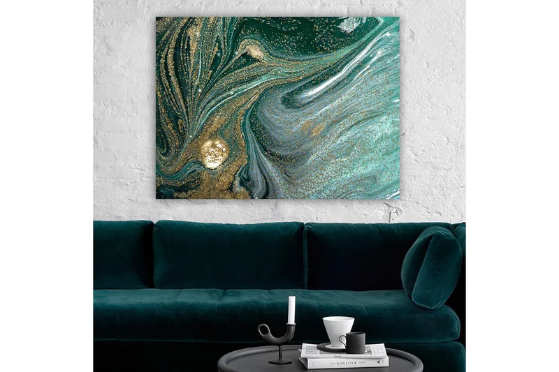 Lerretsbilde 70x100 cm - Abstrakt kunstverk med svarte og gullmønstre som skaper en følelse av bevegelse og dybde - Mørkegrønn / Gull / Lyseblå - Interiør - Maleri & posters - Lerretsbilder