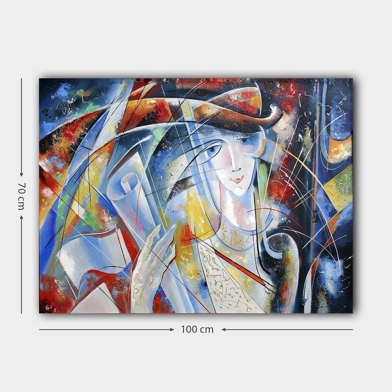 Lerretsbilde 70x100 cm - Abstrakt kvinne med rullet pergament i hånden, omgitt av fargerike former og linjer - Blå / Rød / Hvit - Interiør - Maleri & posters - Lerretsbilder