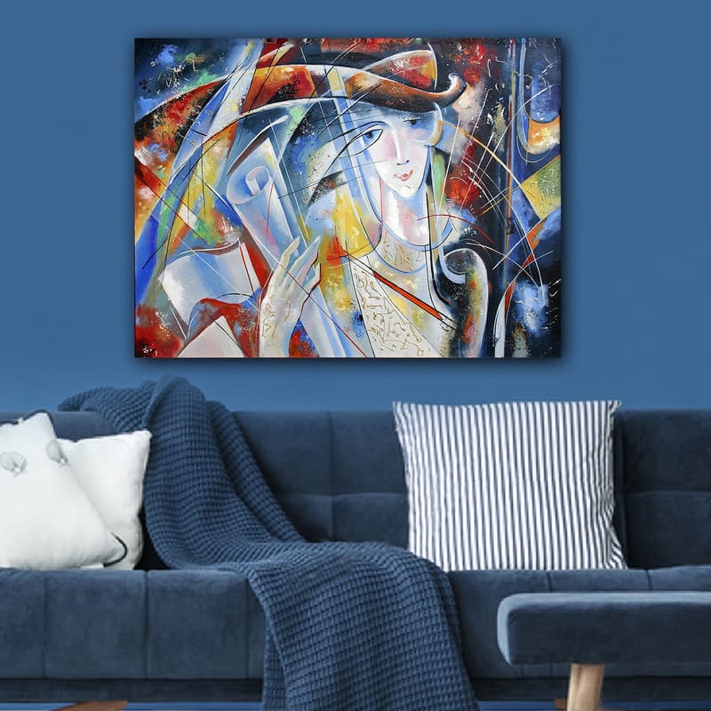 Lerretsbilde 70x100 cm - Abstrakt kvinne med rullet pergament i hånden, omgitt av fargerike former og linjer - Blå / Rød / Hvit - Interiør - Maleri & posters - Lerretsbilder