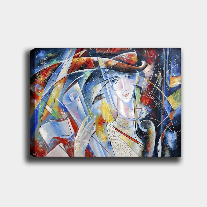 Lerretsbilde 70x100 cm - Abstrakt kvinne med rullet pergament i hånden, omgitt av fargerike former og linjer, Blå / Rød / Hvit