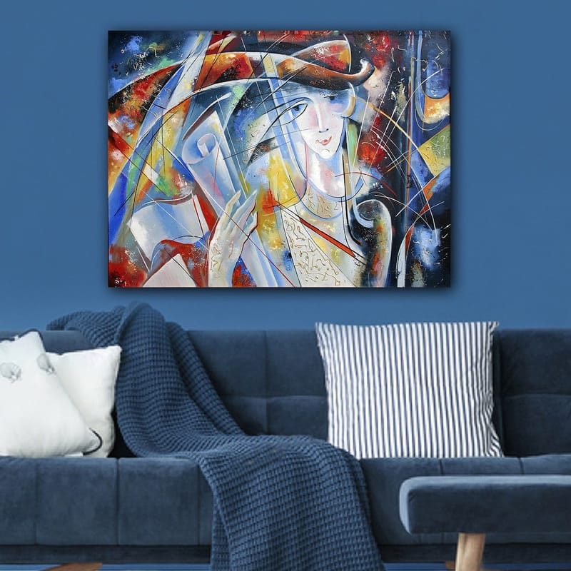 Lerretsbilde 70x100 cm - Abstrakt kvinne med rullet pergament i hånden, omgitt av fargerike former og linjer - Blå / Rød / Hvit - Interiør - Maleri & posters - Lerretsbilder
