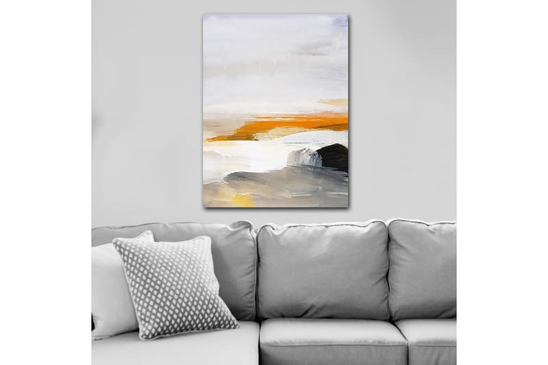 Lerretsbilde 70x100 cm - Abstrakt landskap med elementer av hav og steiner - Oransje / Grå / Hvit - Interiør - Maleri & posters - Lerretsbilder