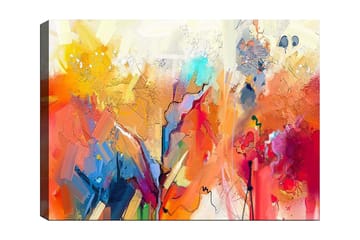 Lerretsbilde 70x100 cm - Abstrakt landskap med fargerike former og dynamiske linjer - Oransje / Gul / Blå - Interiør - Maleri & posters - Lerretsbilder