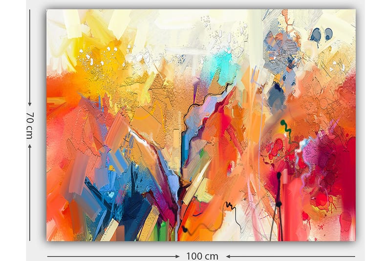 Lerretsbilde 70x100 cm - Abstrakt landskap med fargerike former og dynamiske linjer - Oransje / Gul / Blå - Interiør - Maleri & posters - Lerretsbilder