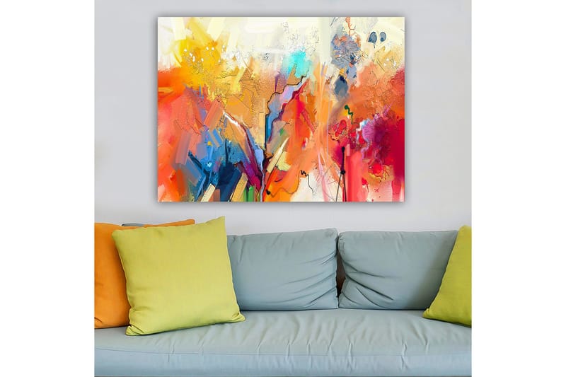 Lerretsbilde 70x100 cm - Abstrakt landskap med fargerike former og dynamiske linjer - Oransje / Gul / Blå - Interiør - Maleri & posters - Lerretsbilder