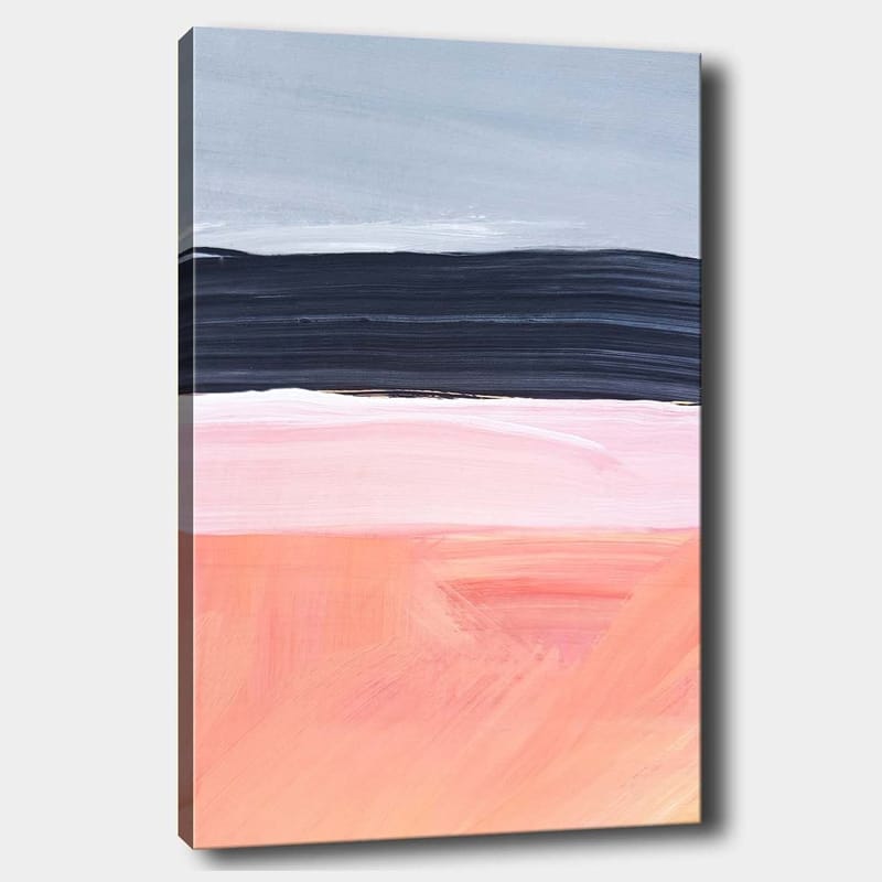 Lerretsbilde 70x100 cm - Abstrakt landskap med horisontale fargebånd i myke toner, Grå / Svart / Rosa