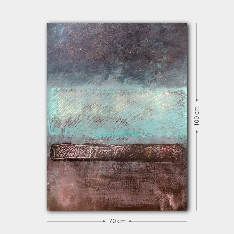 Lerretsbilde 70x100 cm - Abstrakt landskap med horisontlinje i dempede farger - Turkis / Mørk brun / Grå - Interiør - Maleri & posters - Lerretsbilder