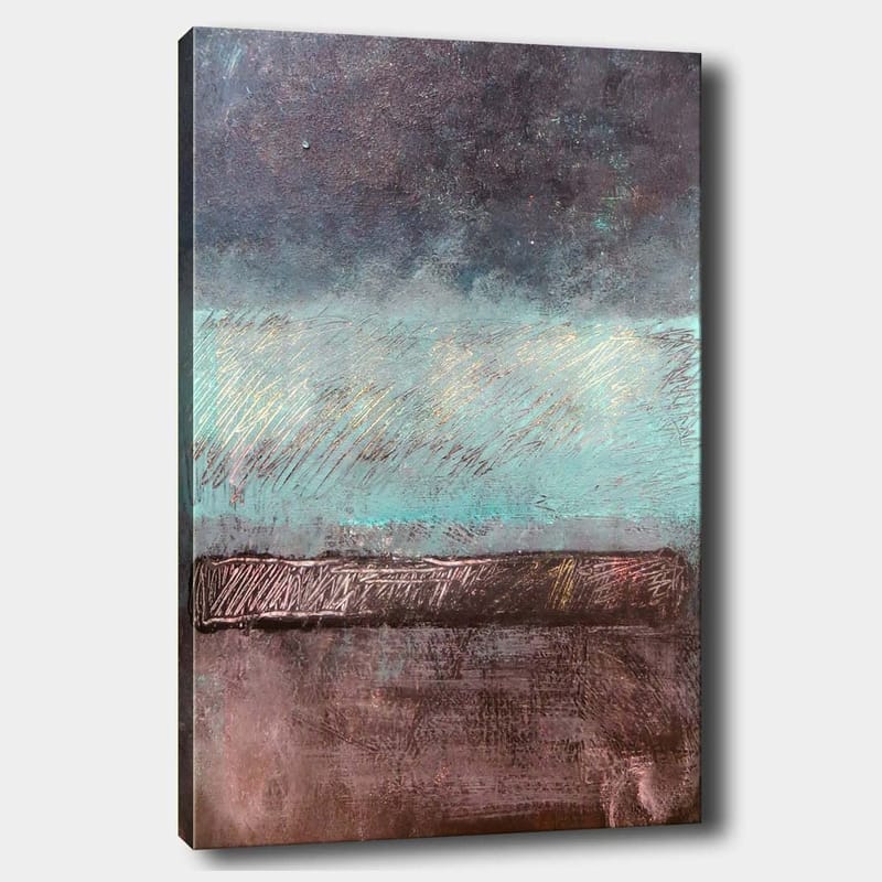 Lerretsbilde 70x100 cm - Abstrakt landskap med horisontlinje i dempede farger, Turkis / Mørk brun / Grå