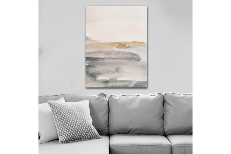 Lerretsbilde 70x100 cm - Abstrakt landskap med myke fargeoverganger, Grå / Beige / Lys blå