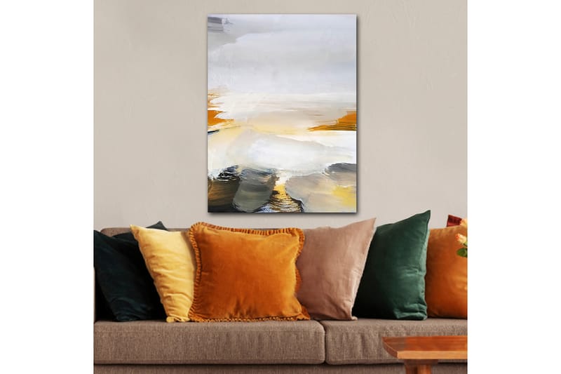 Lerretsbilde 70x100 cm - Abstrakt landskap med myke fargeoverganger og lyse toner, Grå / Hvit / Gul