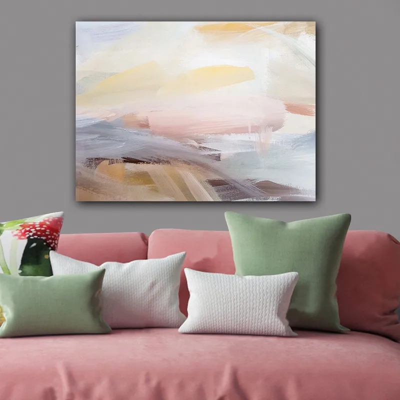 Lerretsbilde 70x100 cm - Abstrakt landskap med myke fargeoverganger som skaper en rolig og harmonisk følelse - Lys rosa / Lys gul / Lys blå - Interiør - Maleri & posters - Lerretsbilder