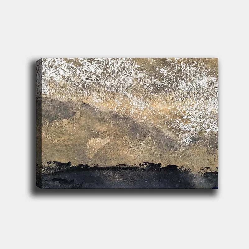 Lerretsbilde 70x100 cm - Abstrakt landskap med myke former og teksturer i jordfarger, Gull / Svart / Beige