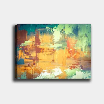 Lerretsbilde 70x100 cm - Abstrakt landskap med varme og kalde farger som skaper en dynamisk komposisjon - Grønn / Oransje / Blå - Interiør - Maleri & posters - Lerretsbilder