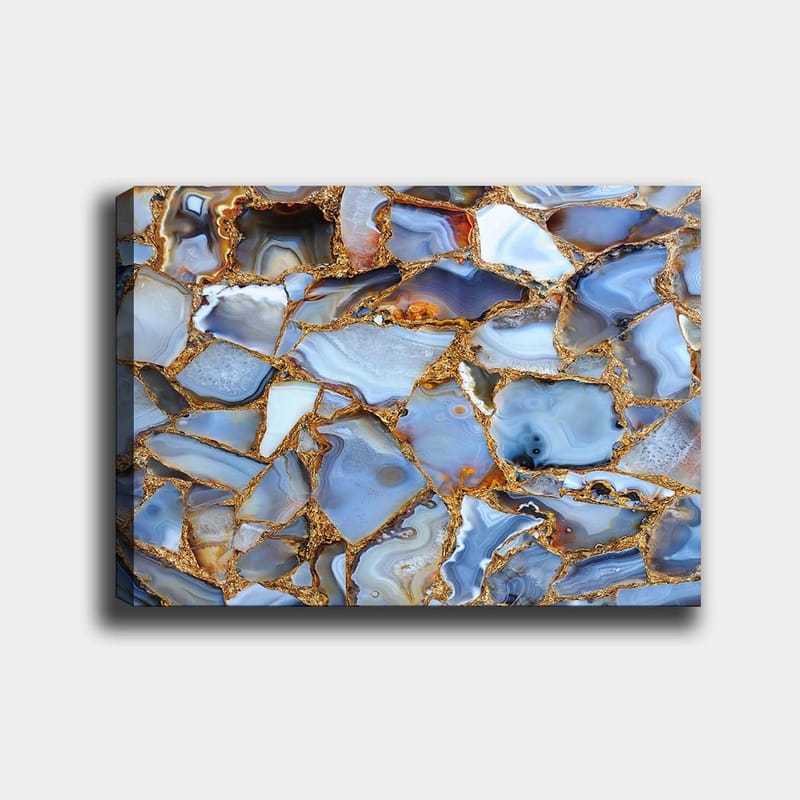 Lerretsbilde 70x100 cm - Abstrakt mønster av blå og gylne agater, Blå / Gyllen / Hvit