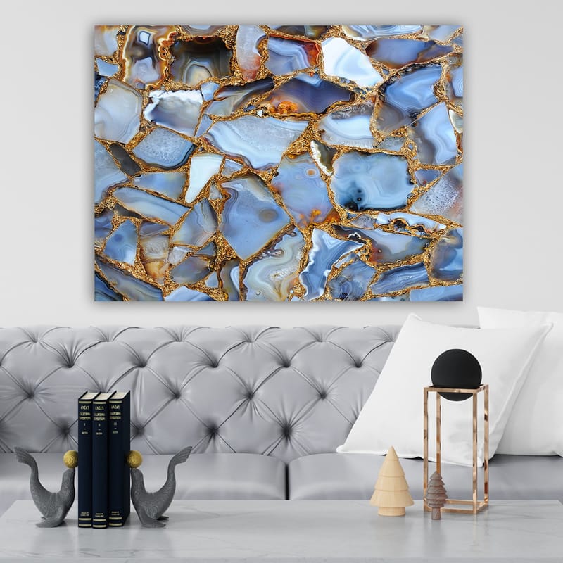 Lerretsbilde 70x100 cm - Abstrakt mønster av blå og gylne agater - Blå / Gyllen / Hvit - Interiør - Maleri & posters - Lerretsbilder