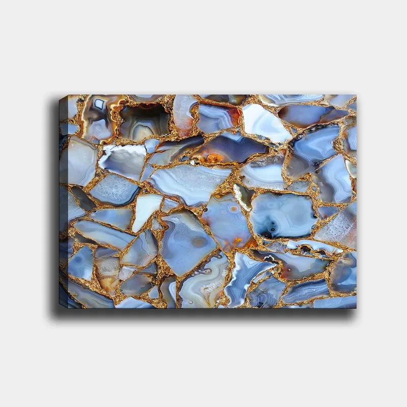 Lerretsbilde 70x100 cm - Abstrakt mønster av blå og gylne agater, Blå / Gyllen / Hvit