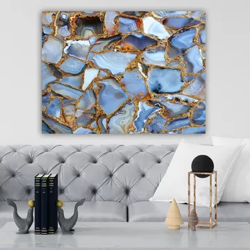 Lerretsbilde 70x100 cm - Abstrakt mønster av blå og gylne agater - Blå / Gyllen / Hvit - Interiør - Maleri & posters - Lerretsbilder