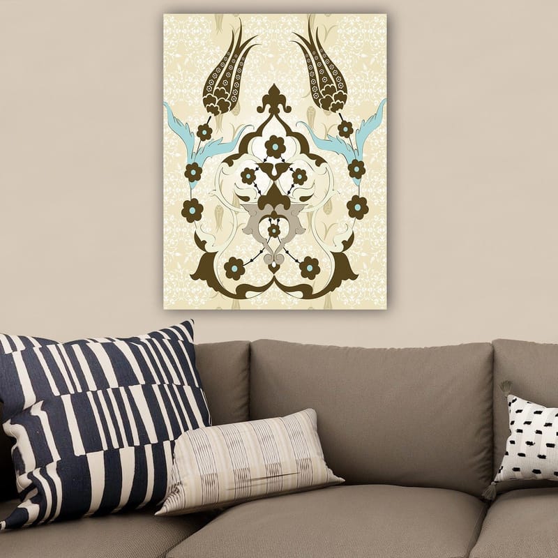 Lerretsbilde 70x100 cm - Abstrakt mønster med blomster- og plantemotiver i et elegant design - Mørk brun / Lys blå / Beige - Interiør - Maleri & posters - Lerretsbilder