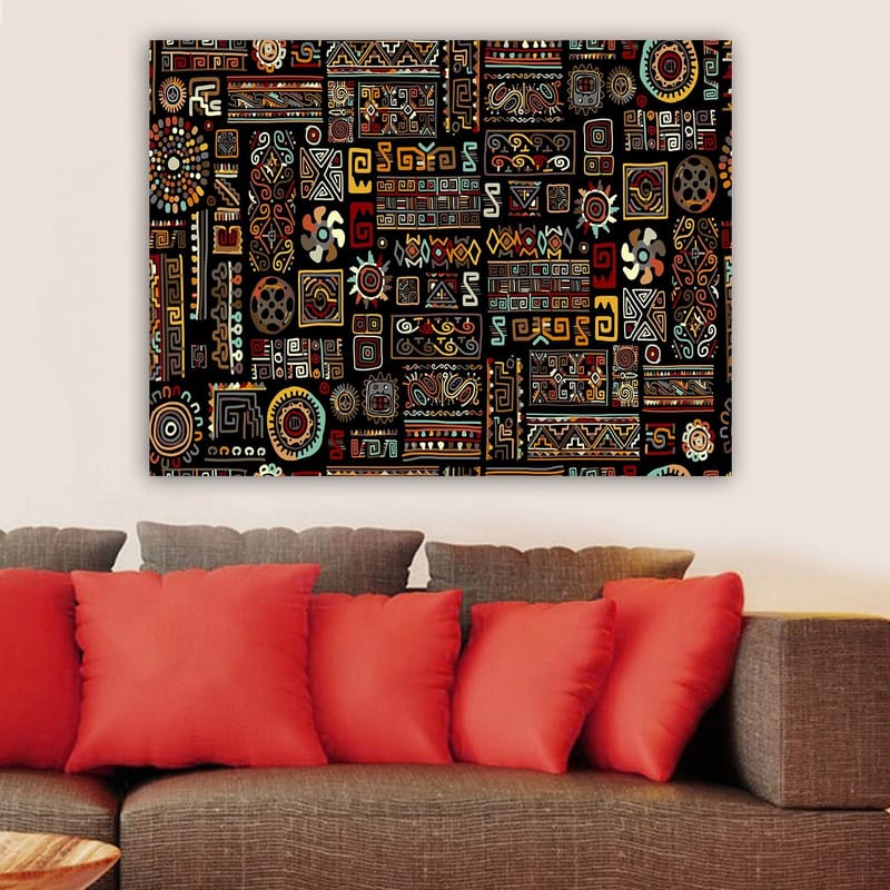 Lerretsbilde 70x100 cm - Abstrakt mønster med geometriske former og symboler i en fargerik komposisjon - Svart / Rød / Gul - Interiør - Maleri & posters - Lerretsbilder